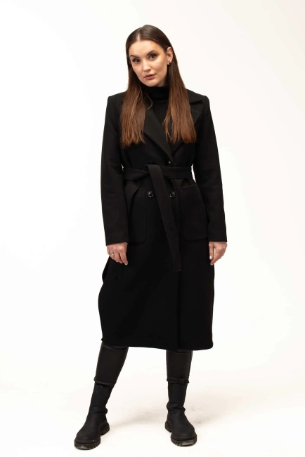 Женское чёрное пальто под пояс длинное-6
