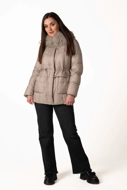 Сірий біопуховик з відстібним капюшоном з хутром-6