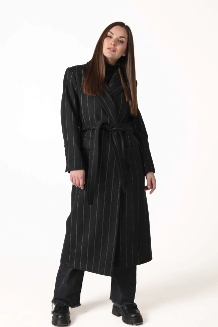 Жіноче класичне пальто чорне з білою смужкою-6