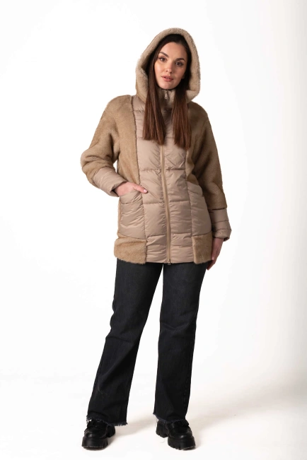 Біопуховик з екохутром бежевого кольору зима-8