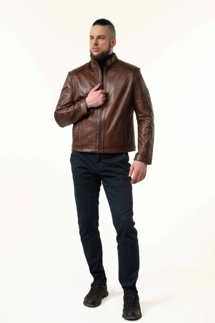 Шкіряна куртка чоловіча коричнева з прострочками-7