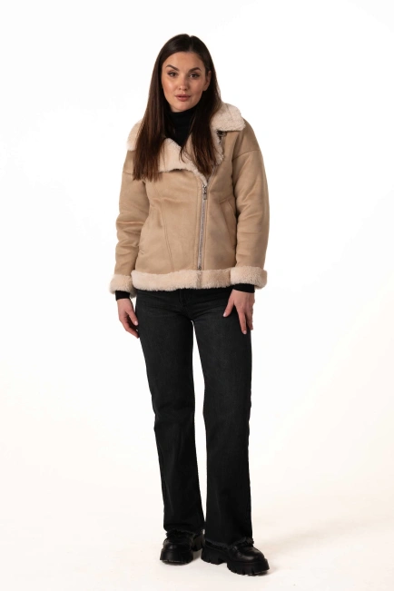 Жіноча екодублянка-косуха бежевого кольору-5