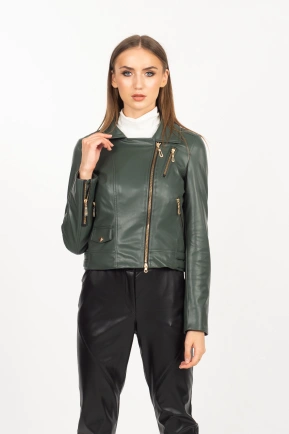 Жіноча куртка із еко-шкіри темно-зеленого кольору