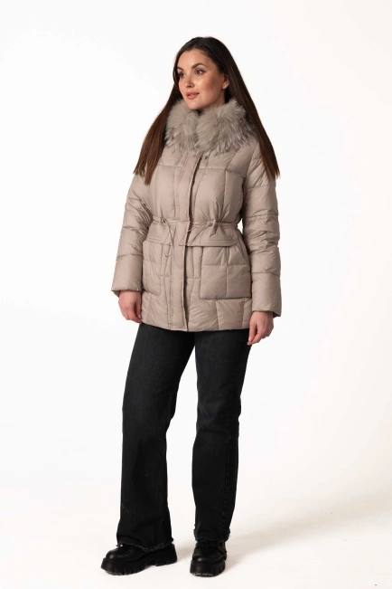 Сірий біопуховик з відстібним капюшоном з хутром-3