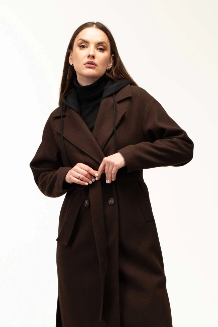 Женское коричневое пальто с чёрным капюшоном-4