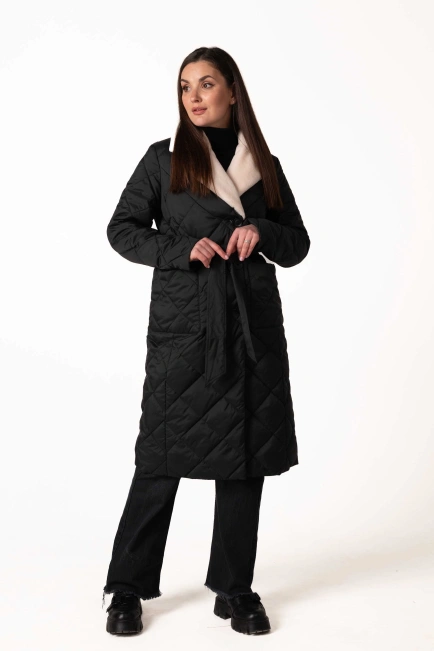 Чорний біопуховик з англійським коміром та поясом-9