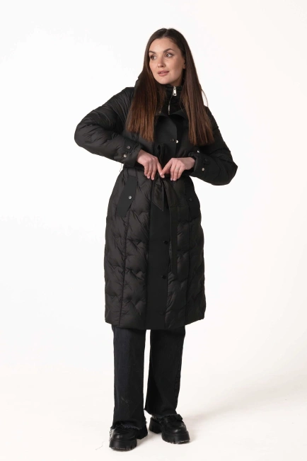 Пуховик з натуральним пухом, капюшоном та поясом-10