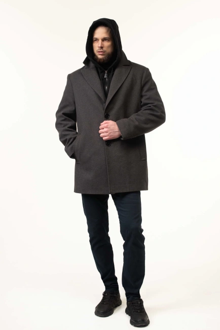 Пальто серого цвета демисезонное с капюшоном-7