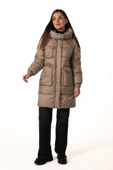 Бежевий біопуховик з декором на рукавчику-8