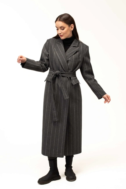 Жіноче пальто сіре в білу тонку смужку-9