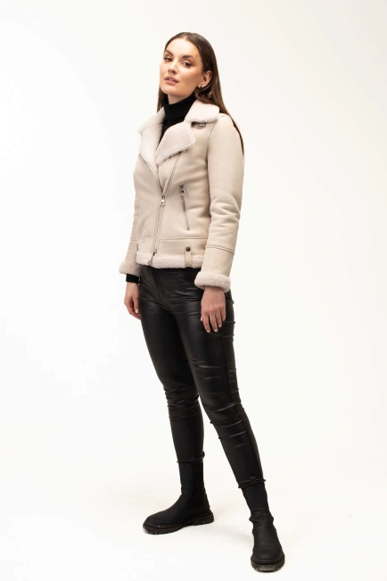 Жіноча біла дублянка з комірцем з овчини-5