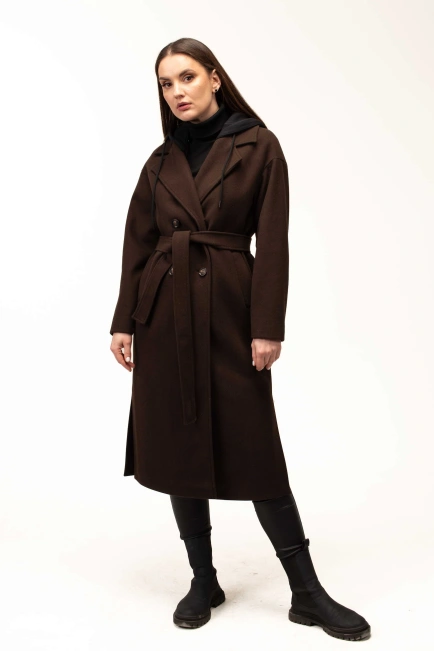 Женское коричневое пальто с чёрным капюшоном-3