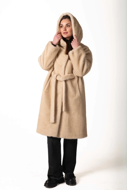 Шуба з екохутра бежева з втяжним поясом-8
