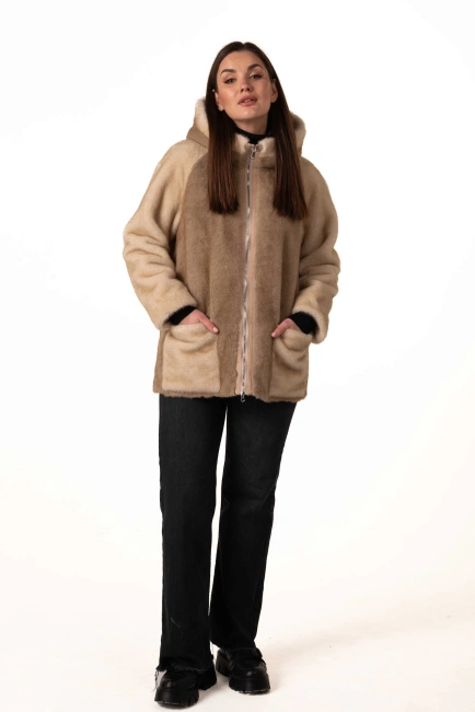 Шуба з екохутра в бежевих відтінках-10