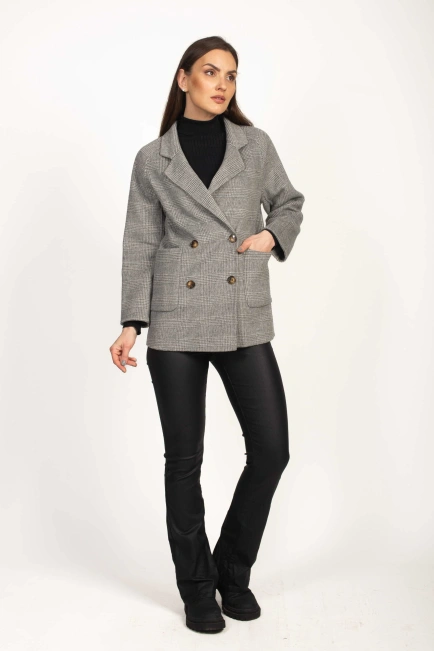 Женское пальто в клеточку цвет серый-6
