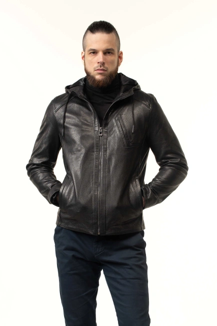 Чоловіча куртка зі шкіри з капюшоном-4