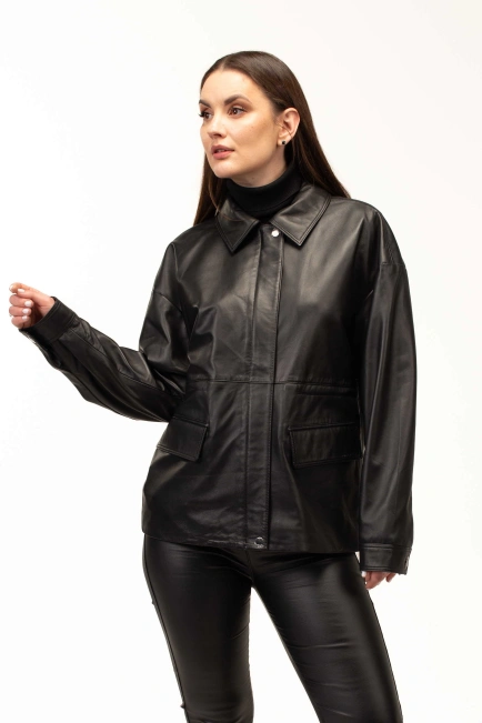 Женская чёрная кожаная куртка-тренч-4
