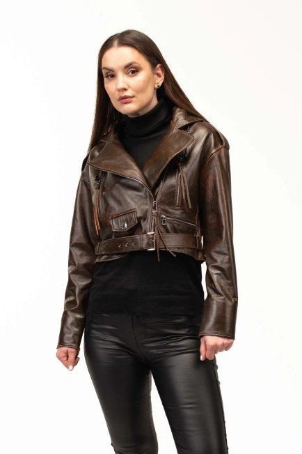 Женская коричневая кожаная куртка с капюшоном-1