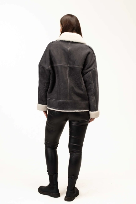 Жіноча сіра дублянка з комірцем з овчини-2