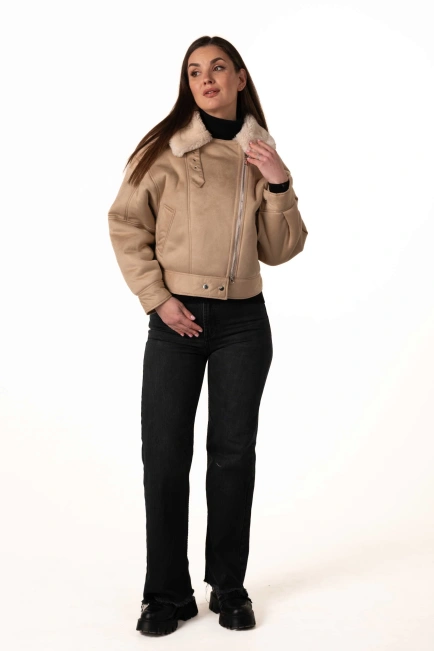 Жіноча екодублянка-бомбер бежевого кольору-6