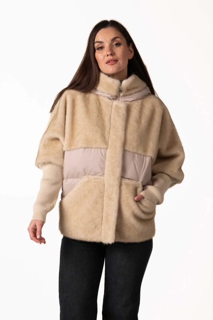 Жіночий біопуховик з екохутром беж-1