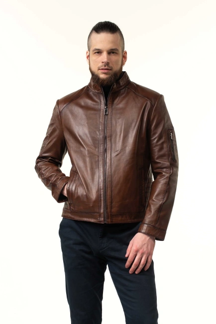 Шкіряна куртка чоловіча коричнева з прострочками-1