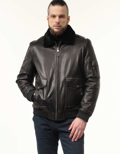 Шкіряна дублянка-бомбер з хутряним коміром