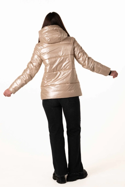 Бежевий біопуховик з капюшоном для зими-2
