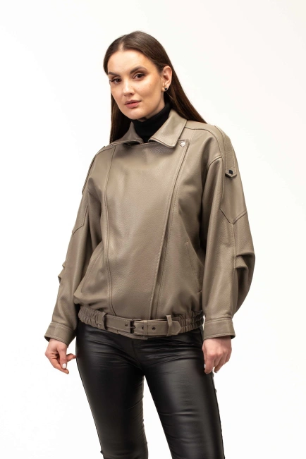 Женская бежевая кожаная куртка с резинкой-1
