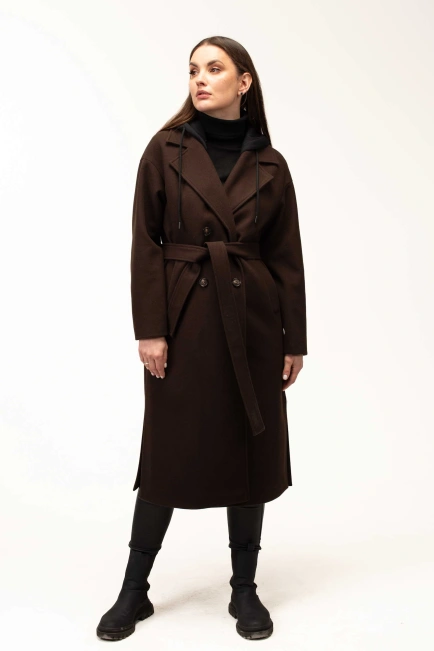 Женское коричневое пальто с чёрным капюшоном-10