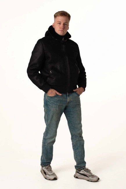 Чоловіча дублянка-бомбер з капюшоном-6