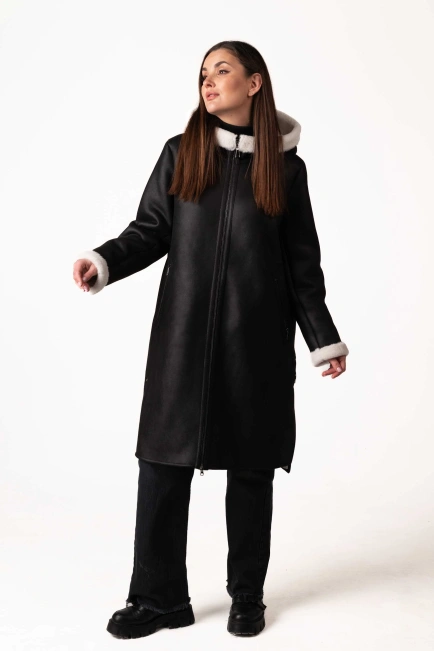 Жіноча чорна екодублянка з білим екохутром-6