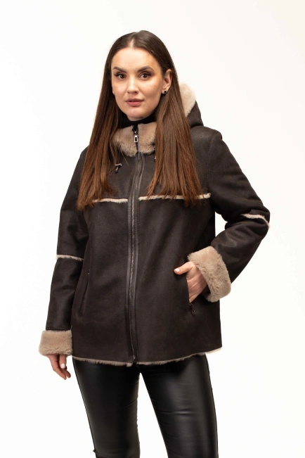 Жіноча кавова дублянка з теплим капюшоном-1