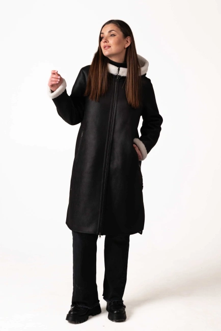 Жіноча чорна екодублянка з білим екохутром-8