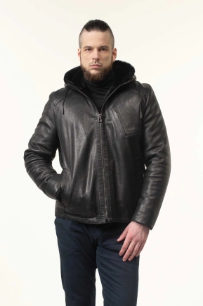 Шкіряна дублянка з капюшоном зимова