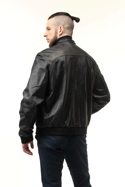 Чоловіча шкіряна куртка-бомбер з кишенями-6