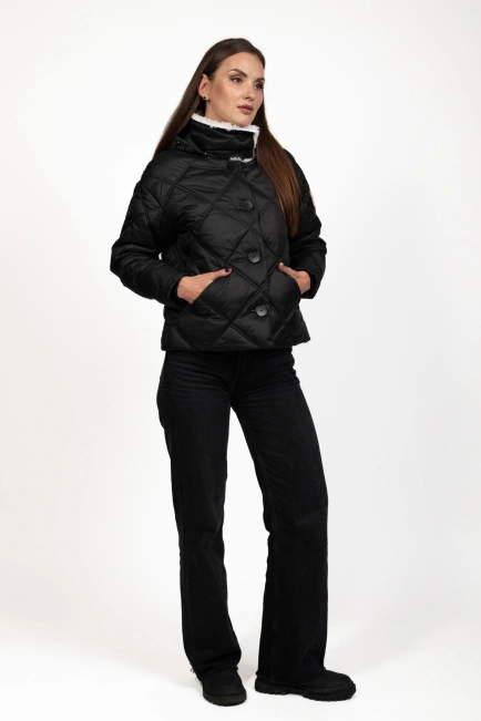 Жіночий біопуховик чорний стьобаний ромбами-6