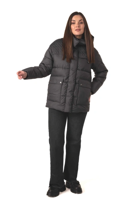 Темно-сірий біопуховик з капюшоном-3