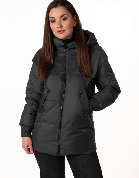 Біопуховик з екохутром темно-бірюзового кольору