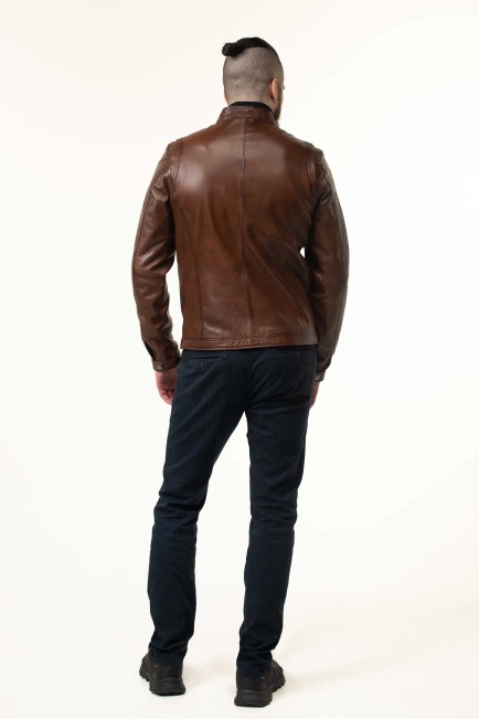 Шкіряна куртка чоловіча коричнева з коміром-2