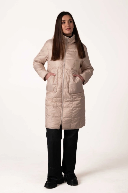 Жіноча демісезонна куртка з капюшоном беж стьобана-6