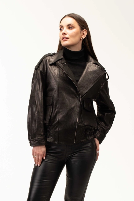 Женская кожаная куртка с резинкой на бёдрах-4