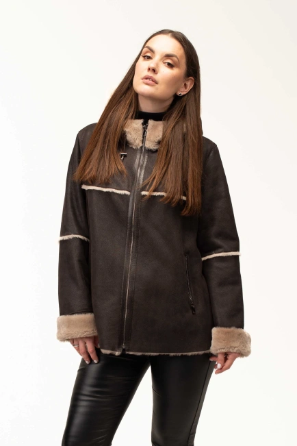 Жіноча кавова дублянка з теплим капюшоном-4