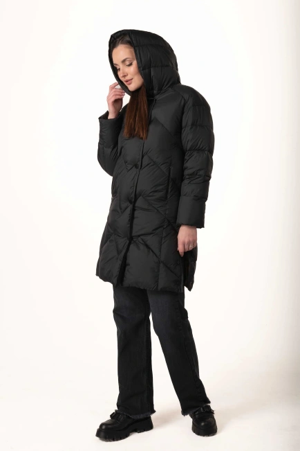 Довгий чорний біопуховик із розрізами з боків-10