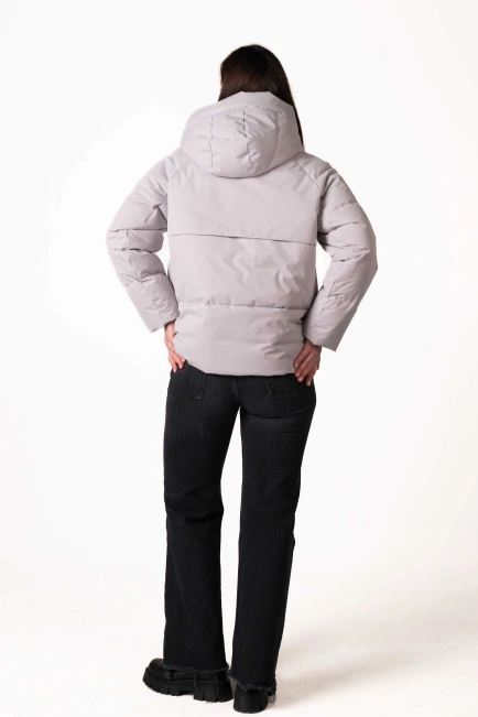Жіночий світло-сірий біопуховик з капюшоном-2