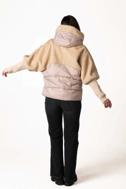 Жіночий біопуховик з екохутром беж-2