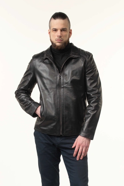 Чоловіча шкіряна куртка чорна гладка-1