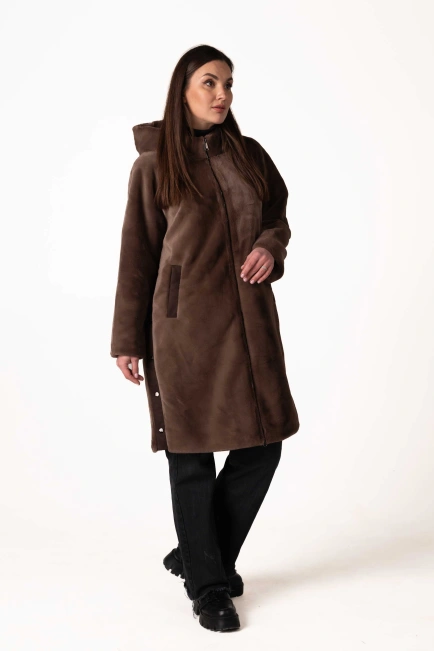 Шуба з екохутра коричнева пряма довга-10