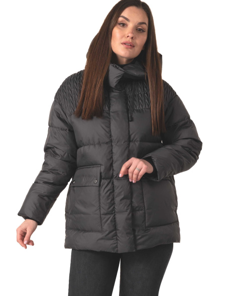 Темно-сірий біопуховик з капюшоном