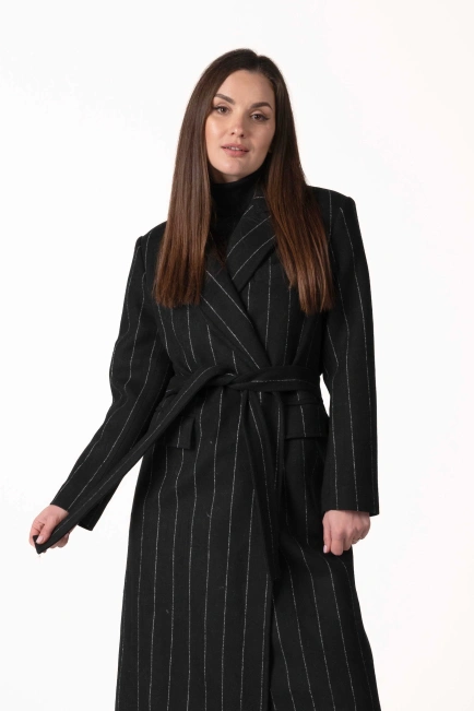Жіноче класичне пальто чорне з білою смужкою-1